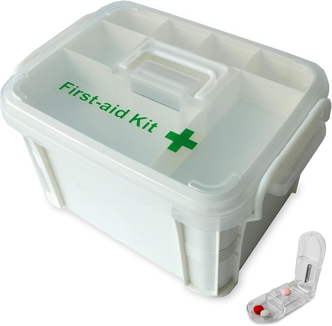 Deke Home - Portable First Aid & Medicine Organizer Box with Handle – Plastic Family Medical Storage Kit for Travel, Car, Home, Camping, Office + Pill Cutter