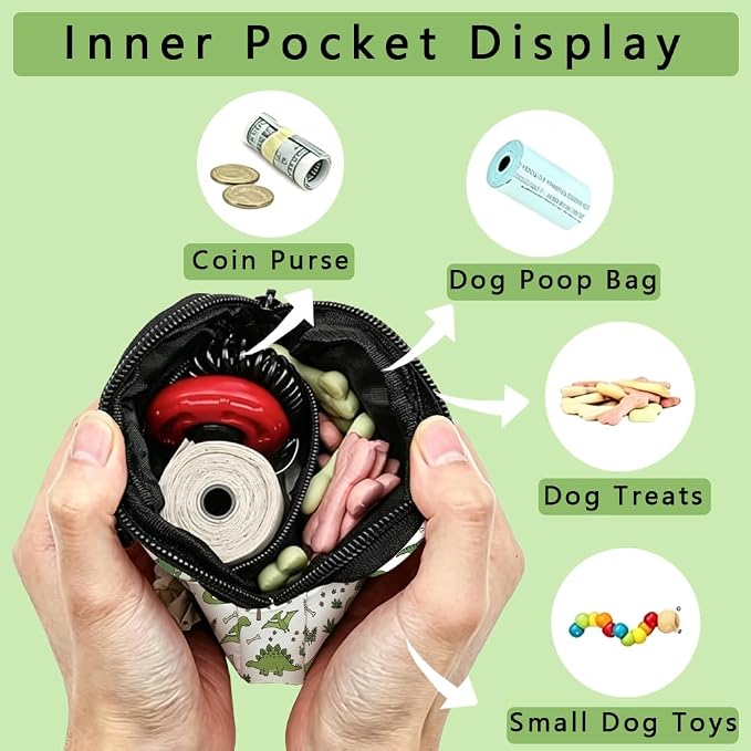 Cute Dog Treat Pouch 5.12 x 4.72 Inch Clip on Pet Treat Bag Cartoon Dinosaur Pattern Polyester Portable Snack Reward Dog Food Dispensers with 1 Roll Garbage Bags for Traveling Outdoor Use