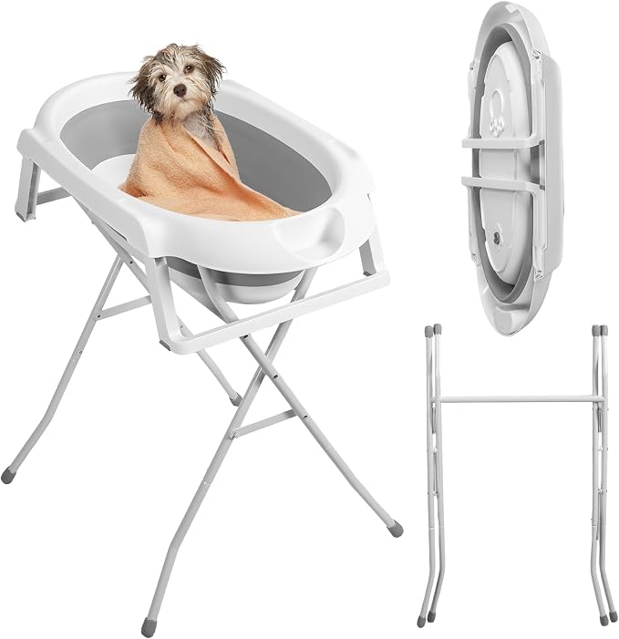 2 in 1 Dog Bathtub, Dog Washing Station, Elevated Collapsible Bathtub with Drainhole, Shower Head Holder & Storage Rack, Foldable Portable Pet Bathing & Grooming for Small Dogs Cats Grey