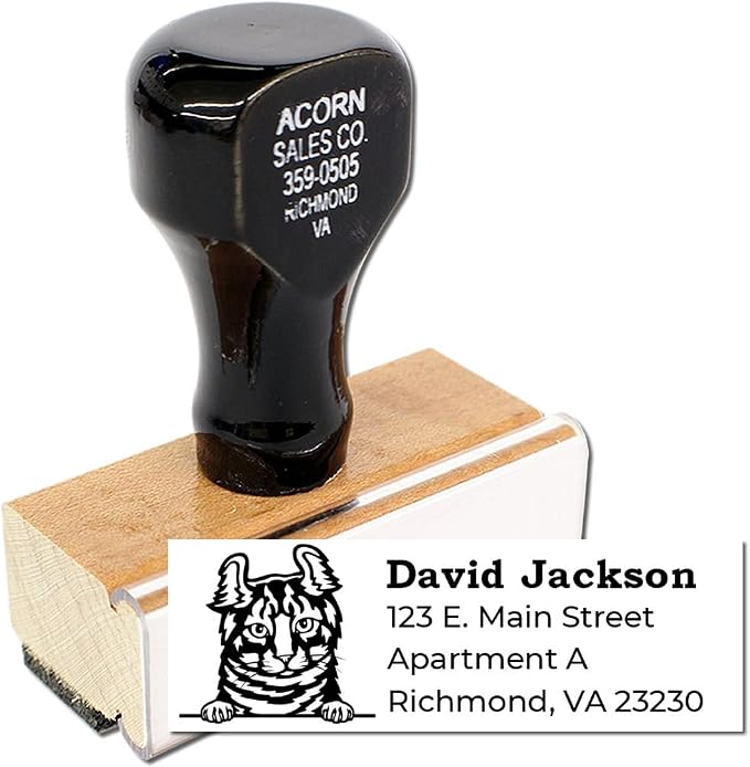 Peeking Highlander Cat Wood Handle Address Stamp - Custom Stamp for Mail | Any standard pad works. Custom Rectangular Address Stamp for Animal Lovers. Highlander Cat Address Stamper.