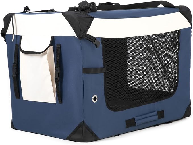Collapsible Dog Travel Crate,Portable Soft-Sided Pet Carrier Extra Large Cat Carrier with Soft Plush Plush Mat for Indoor and Outdoor,28x20x20in,Navy Blue