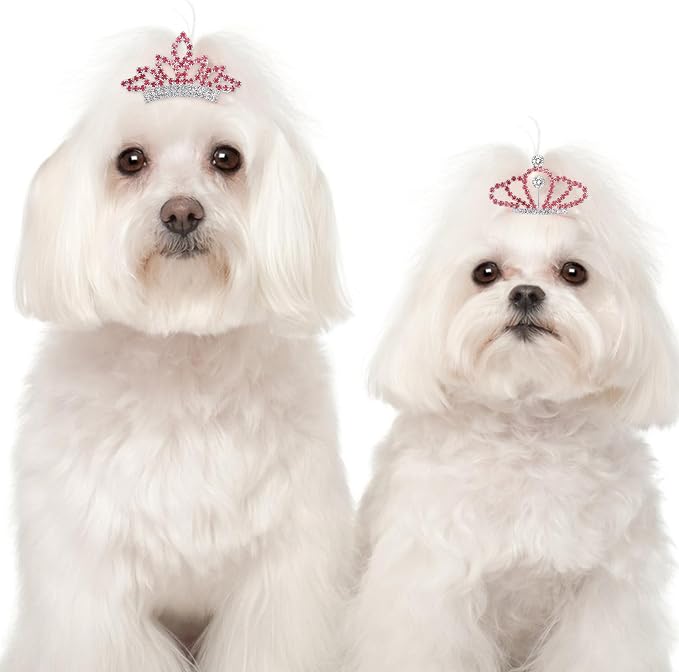 2Pcs Gem Rhinestone Dog/Cat Tiara Crown, Crystal Rhinestone Hair Accessories, Tiara Clips for Rolyal Family Costume Hair Accessories (Pink)
