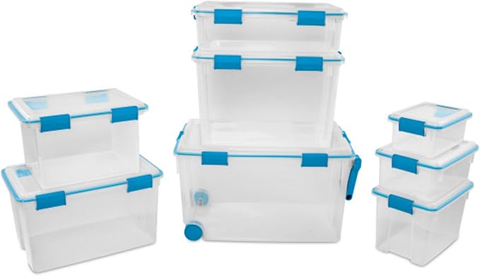 Sterilite Gasket Storage Box with Lids for Home & Office, 54 Quart, 12-Pack | Heavy-Duty, Stackable, and Organizing Containers for Bathroom, Cabinet, Closet, and Garage, Clear and Blue Aquarium Latches