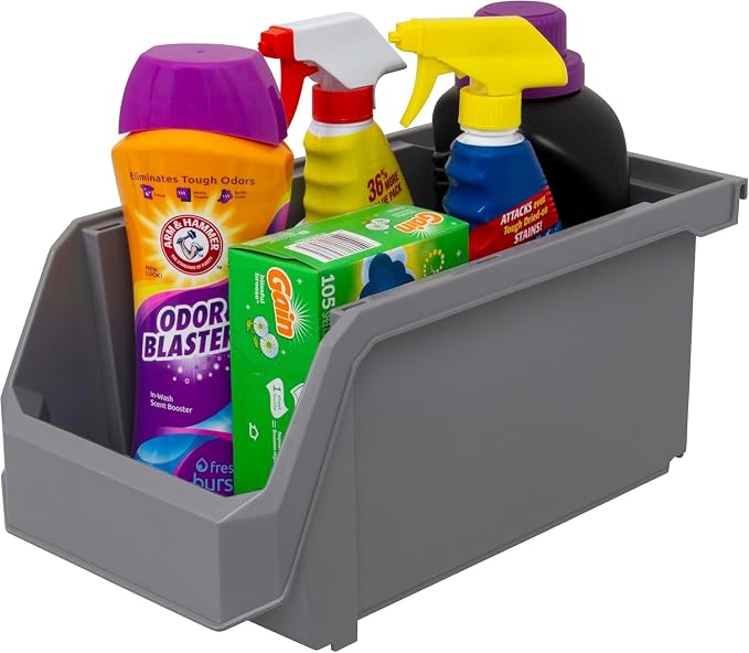 Large Stackable Plastic Storage Bins, 6-Pack, Grey | Open-Front Stackable Bins For Garage, Pantry, Closet & Office, 14,8"L X 8"W X 7"H, Nests When Empty, Durable Plastic,