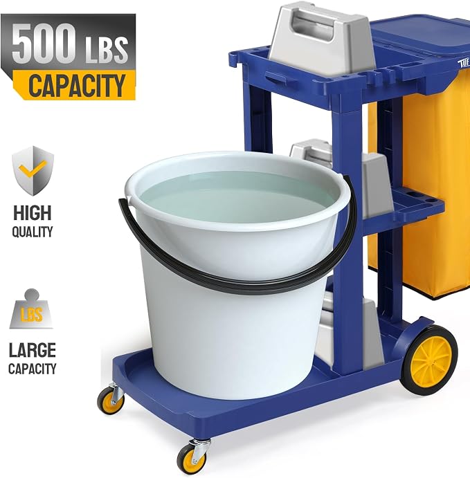 TUFFIOM Commercial Traditional Cleaning 3-Shelf Janitorial Cart, 500 Lbs Capacity Housekeeping Cart, Wheeled with Yellow VinylBag and Cover w Lid, Blue,