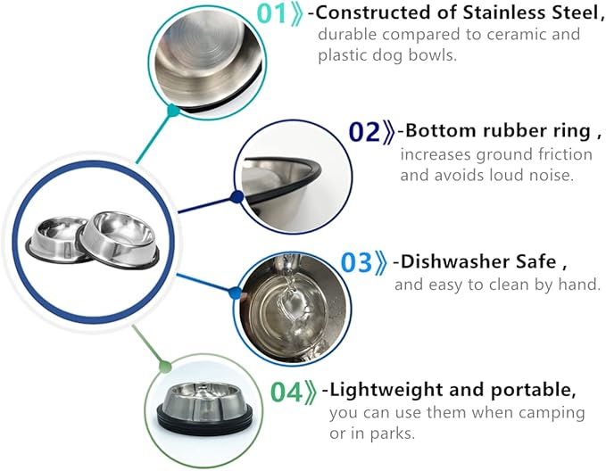 2 Pack Stainless Steel Dog Bowls with Rubber Bottom, Non Skid Non Spill Heavy Duty Premium Quality Pets Feeder Bowls for Dogs and Cats and More (3.5Cup / 28oz)