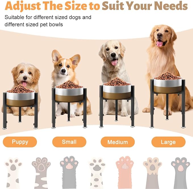 Single Upgrade Metal Dog Feeder Supports, 4 Adjustable Heights 8-14.5" Width 7-10.6", Non-Slip and No Spill Raised Pet Bow Holder for Small Medium Large Dogs(Bowl Not Included)
