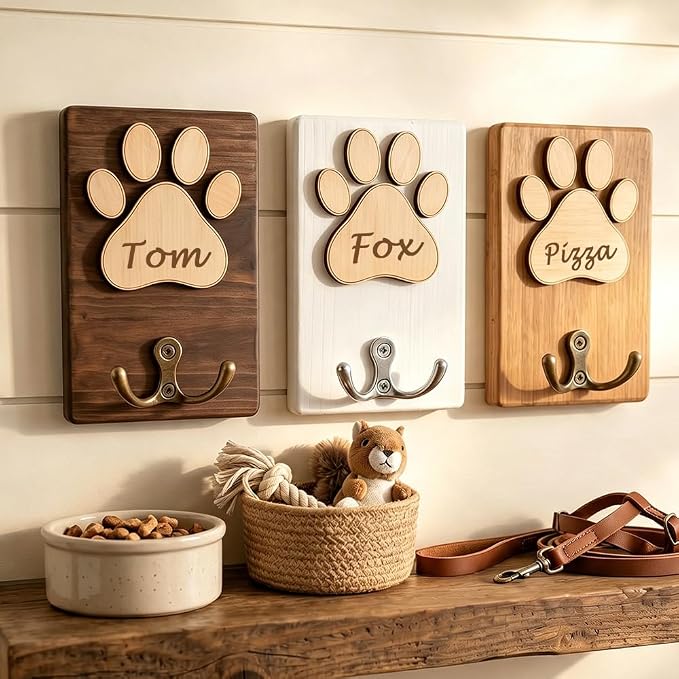 Personalized Wooden Paw Print Pet Leash Holder with Custom Name Engraving – 5 Color Options, Wall-Mounted Dog Collar & Leash Organizer for Entryway, Mudroom or Pet Lover’s Gift