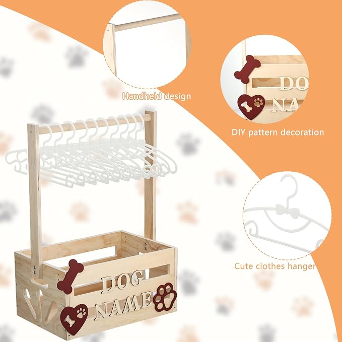 Wooden Pet Wardrobe Closet Toy Basket Box with Hanging Rods Personalized Pet Alphabet Letters Easy Assembly Baskets Dog Toy Box for Dog Cat Toys Clothes Organization Storage Accessories