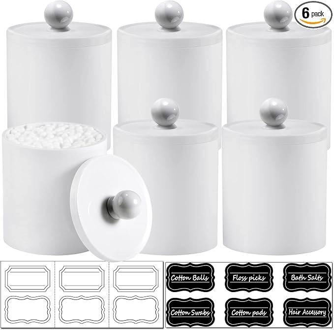 SheeChung 6 Pack Qtip Holder, White Acrylic Qtip Jars for Bathroom | (3) 10oz & (3) 12oz Shatterproof Qtip Holder Set-Bathroom Vanity Organizer for Cotton Swabs,Balls,Pads -Minimalist Decor