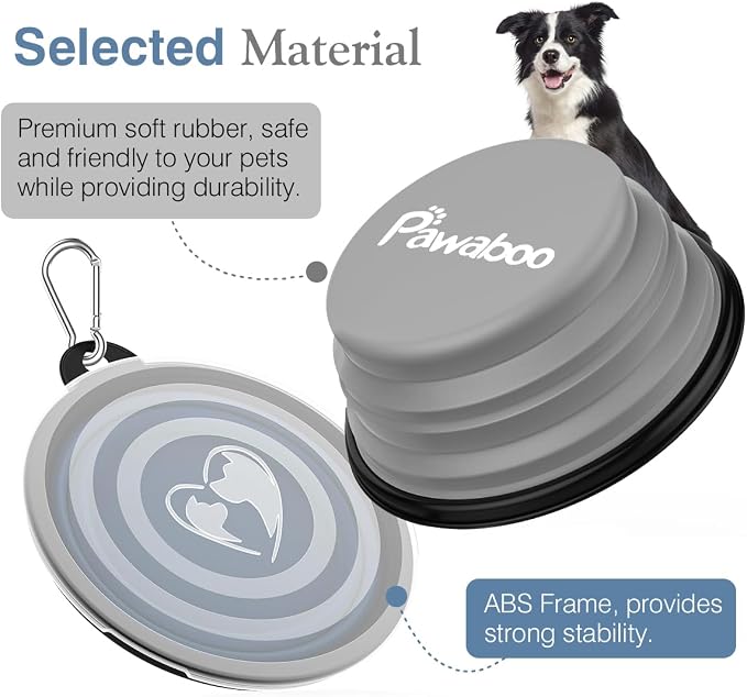 Pawaboo Collapsible Travel Dog Bowls 2 Pack with Lids&Carabiners Silicone | Feeding Watering Bowls for Dogs Cats, Collapsable Water Feeder Food Bowl for Walking Traveling Home Use, Blue + Grey