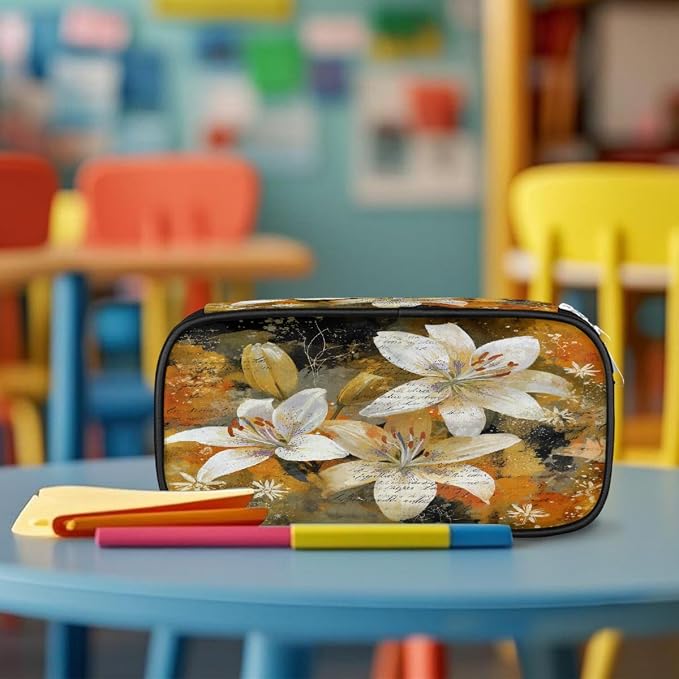 Vintage White Flower Pencil Case Pouch, Big Capacity Waterproof Pen Bag for Students Teens Adults, Large Storage Organizer for Stationery