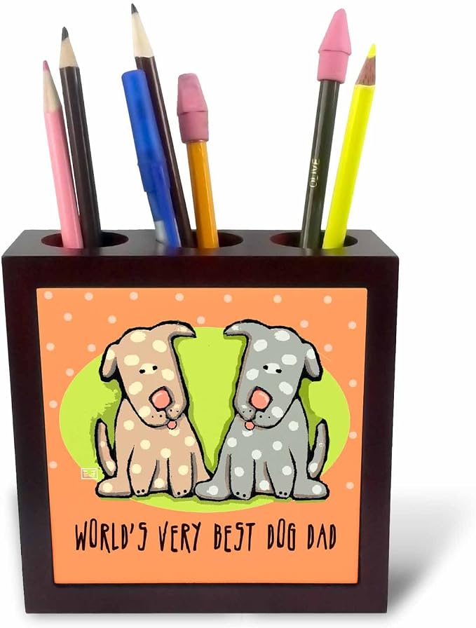 3dRose ph_33984_1 World S Best Dog Dad Cute Cartoon Puppies Pets Animals-Tile Pen Holder, 5-Inch