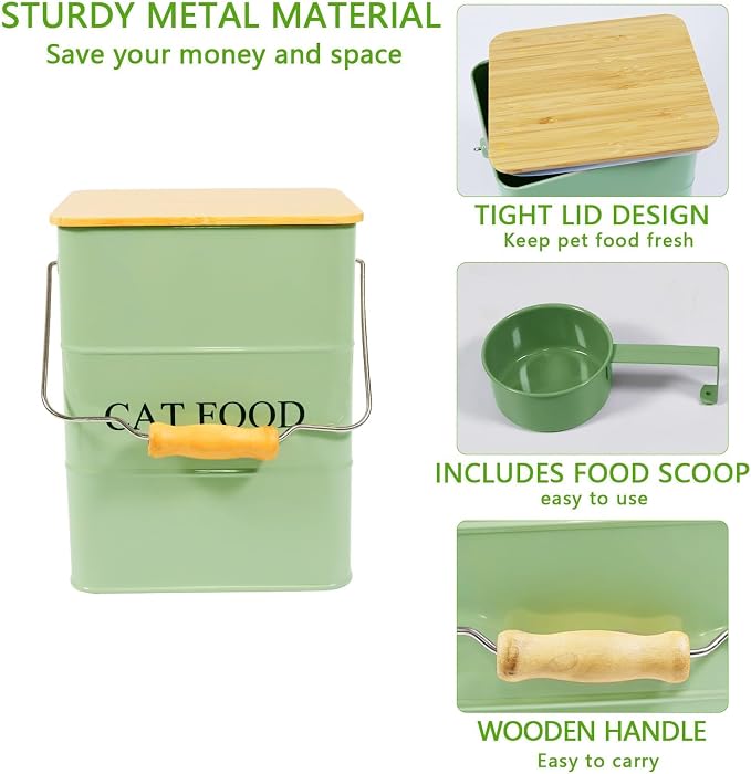 Morezi Cat food storage container storage bin with wooden lid scoop included green metal cat food container in kitchen countertop