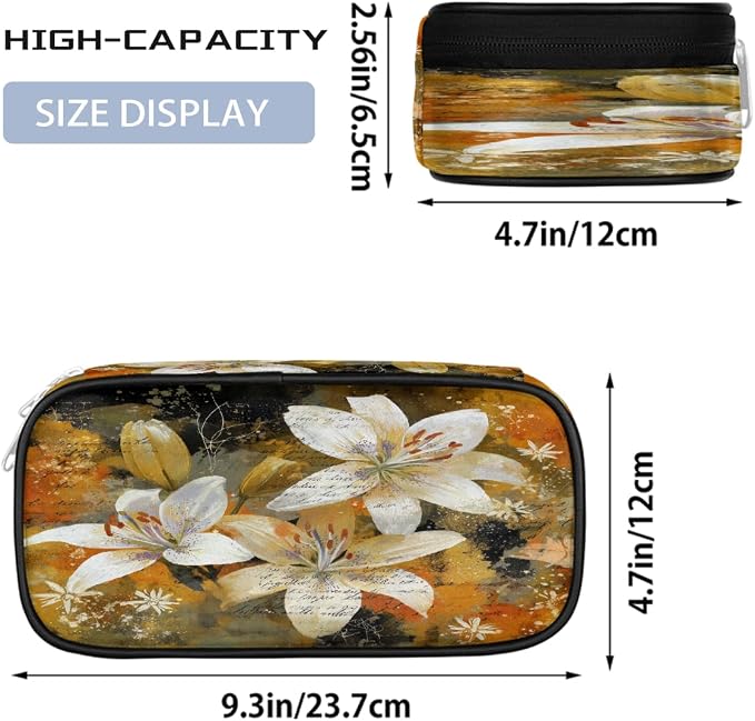 Vintage White Flower Pencil Case Pouch, Big Capacity Waterproof Pen Bag for Students Teens Adults, Large Storage Organizer for Stationery