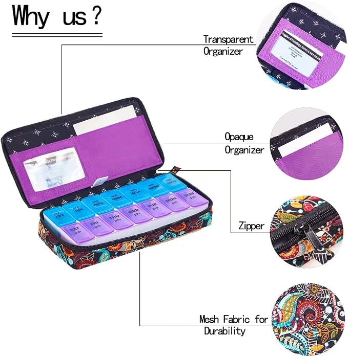 Weekly Pill Organizer 2 Times a Day, Zumd Pill Box 7 Day with Cute Quilted Fabric Zipper Case, Travel Pill Case Am Pm for Vitamin Medicine Organizer