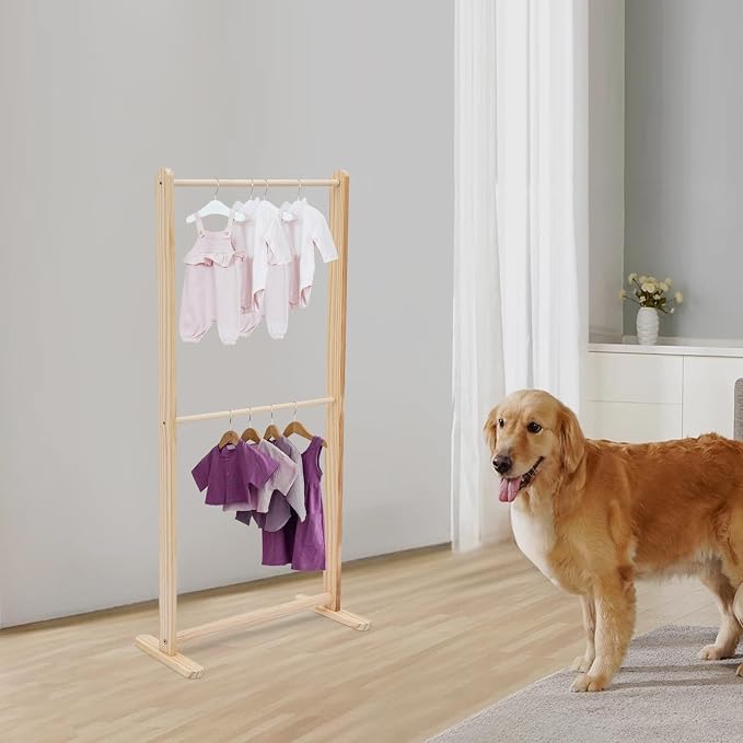 Pet Clothing Display Stand, 2 Tier 11Lbs Solid Wood Dog Garment Rack | Solid wood construction,22.24x9.45x43.31in,removable middle crossbar,slip-resistant pads,for boutique home store.