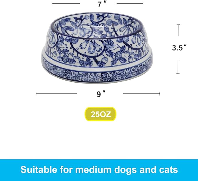 Aimusego Blue and White Vintage Ceramic Dog Bowl for Pet Owners, Anti-Skid Base Medium Large Water and Food Pet Cat Dish-9inch
