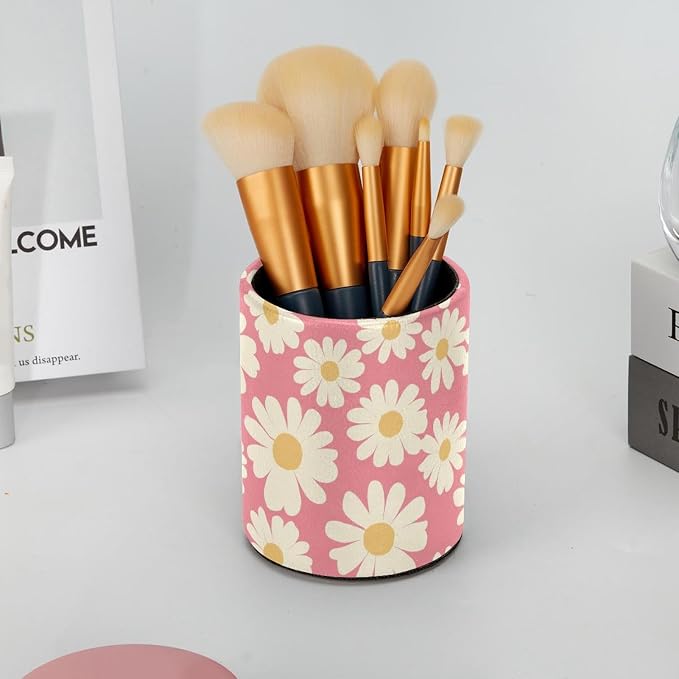 Faux Leather Pen Holder for Desk, Pencil Organizer Pink Daisy Pen Cup Desk Decor Makeup Brush Holder Storage for Office Home
