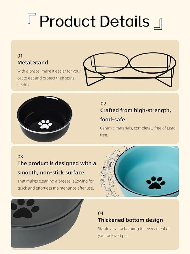 GDCZ Ceramics Raised Cat Bowls with Heighten Metal Stand,15 Ounces (Black)