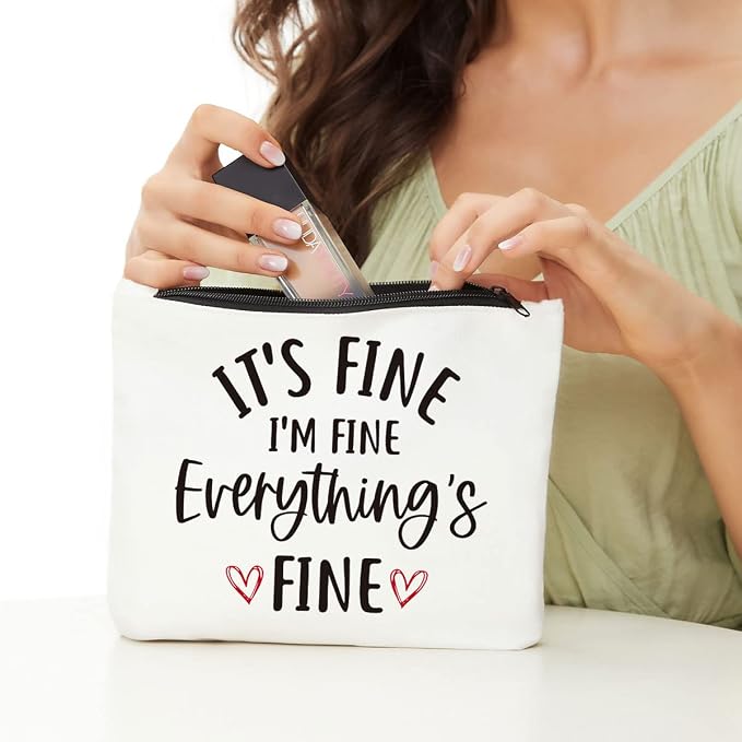 Inspirational Gifts for Women Makeup Bag, Positive Quotes Cosmetic Bag | Uplifting Encouragement Gifts for Women Girls Daughter Friends Travel Toiletry Pouch It's Fine I'm Fine Everything's Fine
