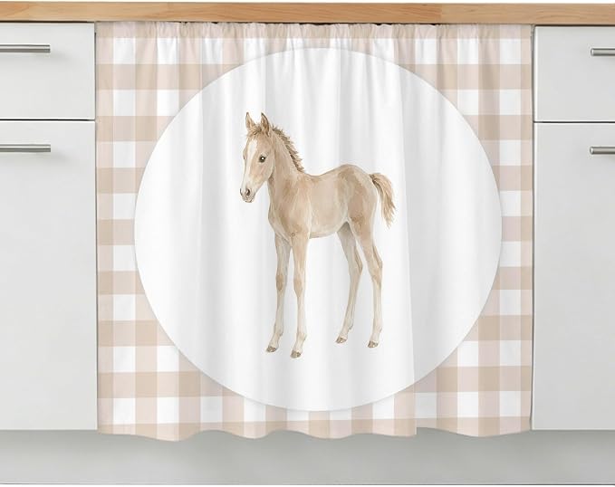 Graceful Pony Oven Skirt Curtain for Kitchen Decor 28"x35", Natural Horse Modern Farmhouse Plaid Rustic Self Adhesive Stove Curtains Skirt Cabinet Curtains for Bathroom Laundry Room