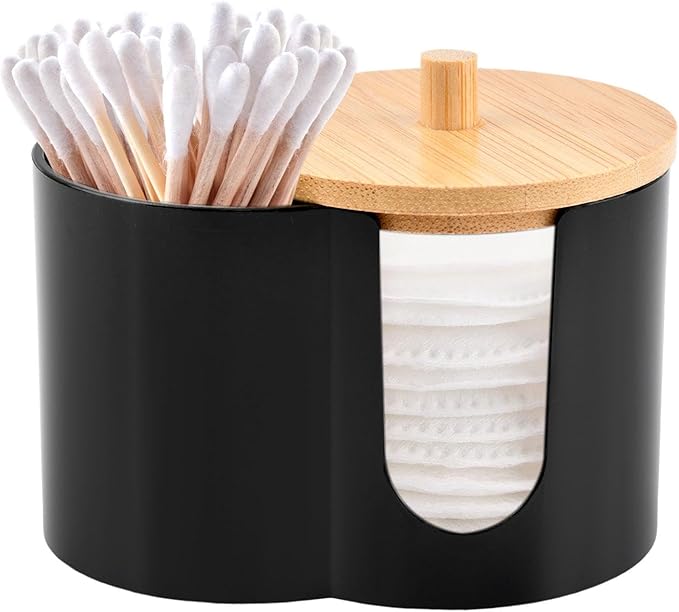 Qtip Holder Dispenser, Dual Compartment Cotton Swab Organizer | Black Dual Compartment Organizer With Dustproof Lid For Cotton Swabs And Pads, Helping Keep Bathroom Countertops Neat.