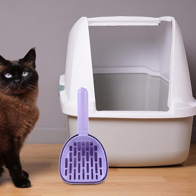 Cat Litter Scoop with Holder, Plastic Litter Cleaning Shovel for Poop, Multi-Functional Wall-Mounted Pet Waste Scooper with Base, Purple for Household Cat and Dog Use