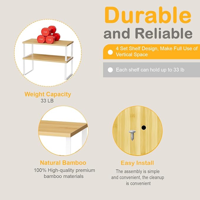 OGEMXU Cabinet Shelf Organizers, 15.7 inches Large Kitchen Counter Shelf, Set of 2 Wood Kitchen Pantry Organizer, Storage Shelves for Countertop, Spice Rack, Stackable, Expandable, Metal White, Nature