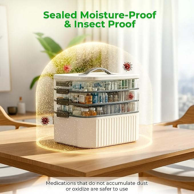 Multi-Tier Medicine Storage Box with Handle | Portable First Aid Organizer for Home, Office & Travel | Large Pill Storage Cabinet with Bonus 7-Day Pill Case (3-Tier & 4-Tier Variants) (4-Tier)