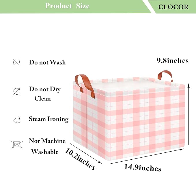 CLOCOR Rectangular Storage Basket,Collapsible Storage Bin,Waterproof Books Box with Handles,Gift Basket(Pink Grid)