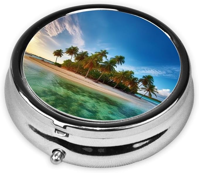 Round Pill Box Overseas Islands Pill Case for Purse & Pocket 3 Compartment Pill Organizer Portable Travel Pillbox Medicine Pill Holder Container for Daily Vitamin Cod Liver Oil Storage