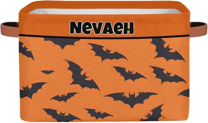 Personalized Kids Toy Box Name, Custom Nursery Baskets Cubes Box, Girls Custom Storage Basket Laundry Baskets Organizer with Handles, Black Bats Pattern Orange Background