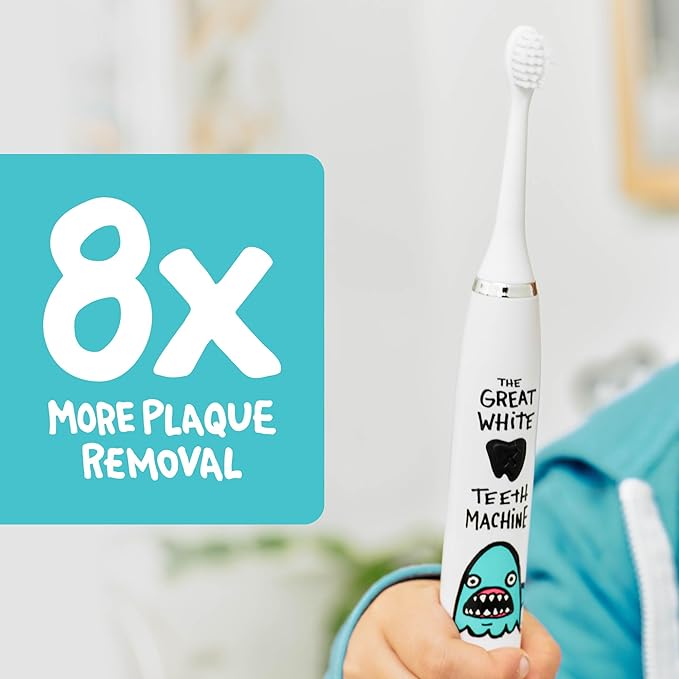 Made by Dentists Kids Electric Toothbrush - Rechargeable Vibrating Toothbrush with Timer, Includes 6 Replacement Heads, Gently Cleans Teeth, Kid & Toddlers Age 2+, Shark