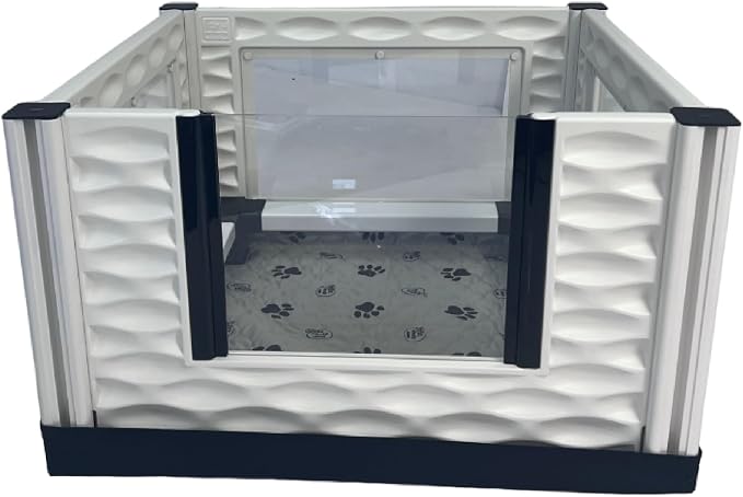 EZclassic Windowed 28x28x18 in Whelping Box with Rails, Gray Pad | Compact 28x28 windowed whelping box with puppy rails, clear viewing walls, waterproof gray pad, and portable tool-free setup