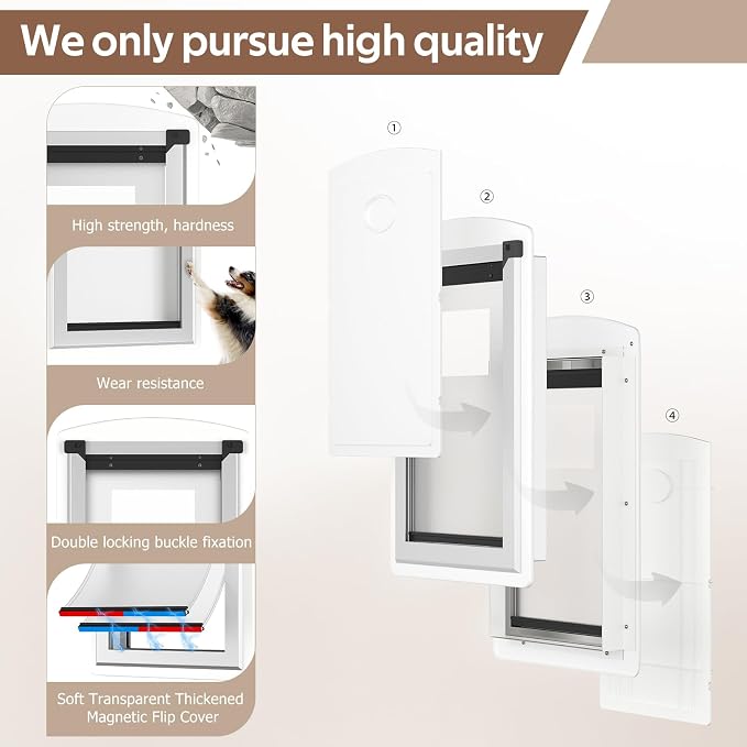 Dog Door for Exterior Door with Steel Frame and Telescoping Tunnel | Dog Door with Two Magnetic Flaps and Two Sliding Lock Panels, for Pets Up to 40LBS, White