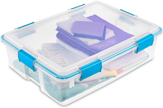 Sterilite Gasket Storage Box with Lids for Home & Office, 37 Quart, 4-Pack | Heavy-Duty, Stackable, and Organizing Containers for Bathroom, Cabinet, Closet, and Garage, Clear and Blue Aquarium Latches