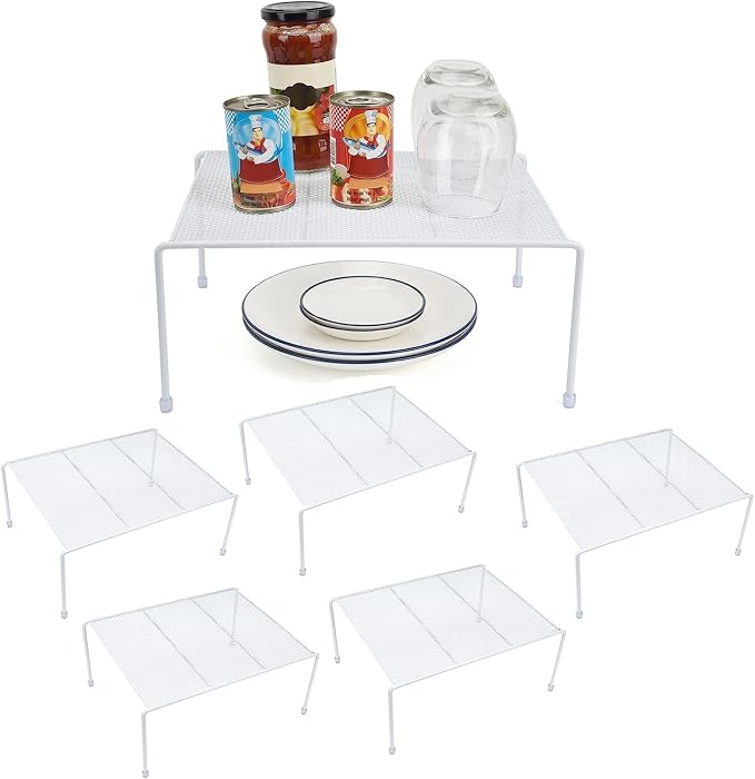 Set of 6 Mesh Kitchen Shelves Cabinet Storage Shelf Rack (13.1 x 10.2 Inch) ，Kitchen Bathroom Pantry Cupboard Desk Home Office, Fridge, Cabinet, Bathroom Cupboard, Non-slip Plastic Feet (6, White)