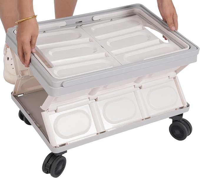 Foldable Crate Cart, 14.53 Gal Portable Wheeled Tote Basket Shopping Storage Trolley Case with 4 360° Rotatable Wheels & Long Handle Capacity 35 Kg/77.16 Lbs for Both Outdoor and Indoor (Grey)