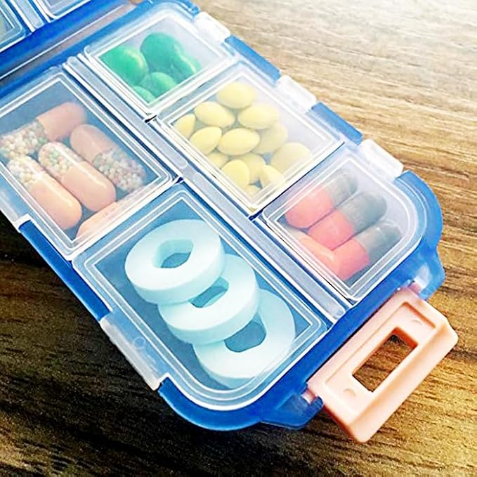 Small Travel Pill Box Organizer, 10 Compartment Pill Case Planner | Portable Folding Daily Medcine Container Capsule Dispenser for Storage Medication, Meds, Vitamin, Fish Oil, Supplement, Blue
