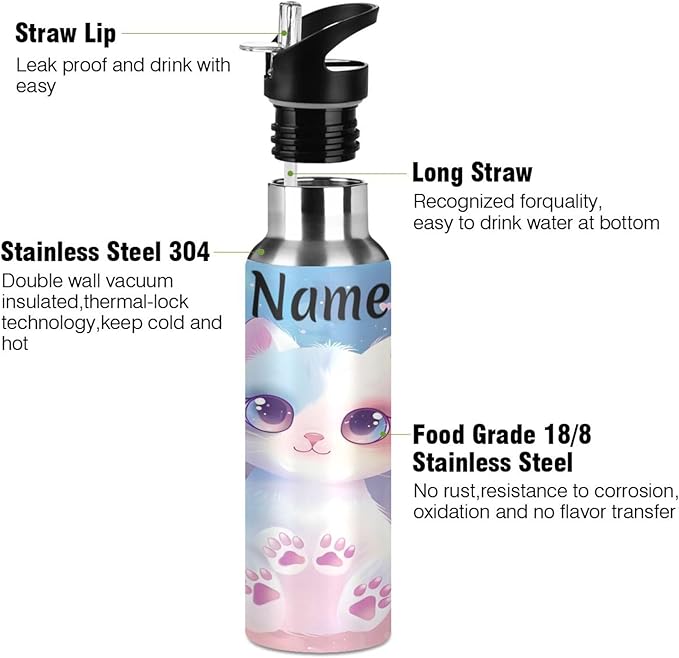 Custom Name Cat Pet Pink Water Bottle with Straw Lid Kids Insulated Stainless Steel Water Flask Sports, 20 Oz Hot Cold