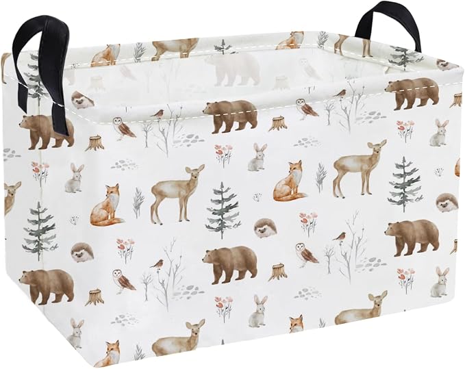 Essme Rectangular Animal Basket,Kids Storage Bins Organizer with Handles for Woodland Room Decor, Gift Basket,Shelf Basket.(Woodland Animal)