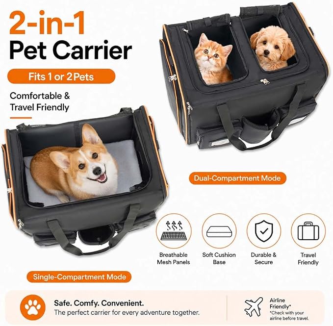 Large Cat Carrier on Wheels for 2 Cats, Double Rolling Pet Carrier with Wheels & Mesh Windows,Foldable Travel Crate for Dogs Cat for Airplane,Travel,Car,Camping