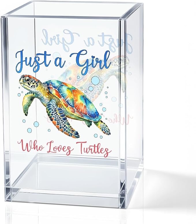 Just A Girl Who Loves Turtles Acrylic Pencil Holder Cup for Women | Inspirational Gifts for Friends Coworker, Sea Turtle Pen Holder for Girls Turtle Lover, Pencil Cup for Desk, Makeup Organizer