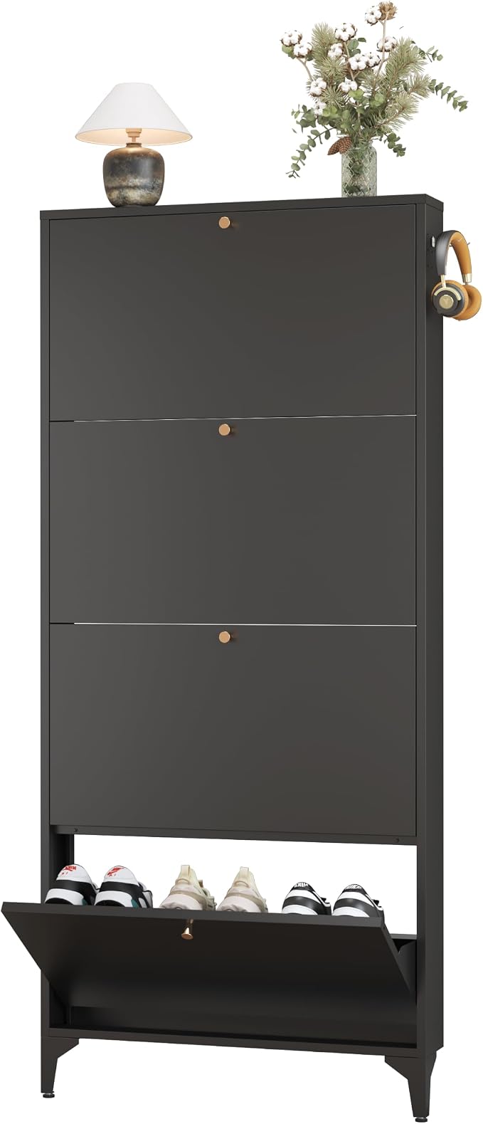 Shoe Cabinet with 4 Flip Drawers, Narrow Shoe Storage Cabinet, Farmhouse Shoe Organizer, Freestanding Organizer with Metal Legs for Entryway, Foyer (Black, 4 Door)