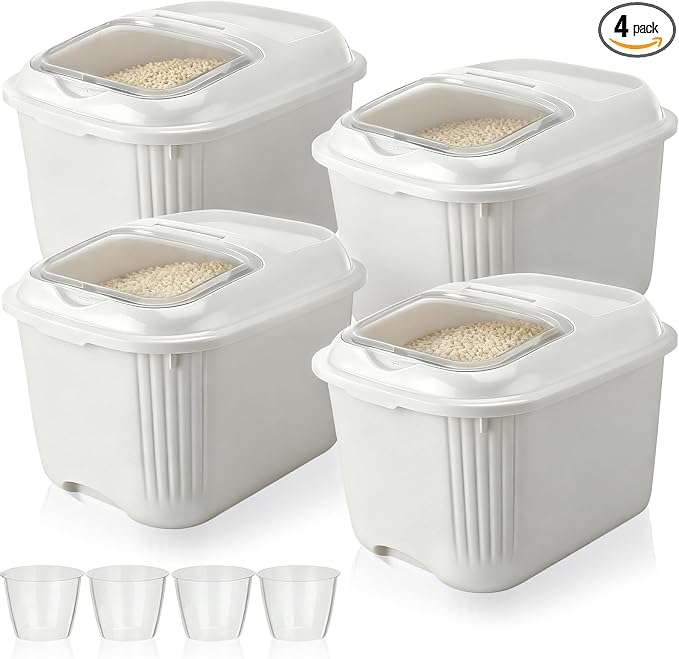 Blushtier 4 Pack Sugar Storage Containers Flour Bin with Wheels Large Pet Dog Food Storage Boxes Measuring Cup Sealed Transparent Flip Lid Portable Household Rice Container Set(20 Lbs)