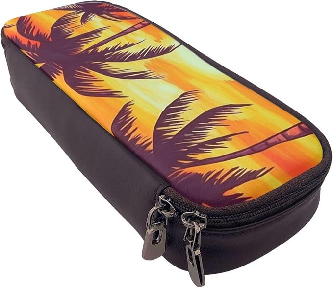 Leather Pencil Case Organizer Big Capacity Pencil Pouch Storage Bag With Compartments Cute Pencil Bag Sunset Palm Tree Pen Box Portable Cosmetic Makeup Bag Organizer