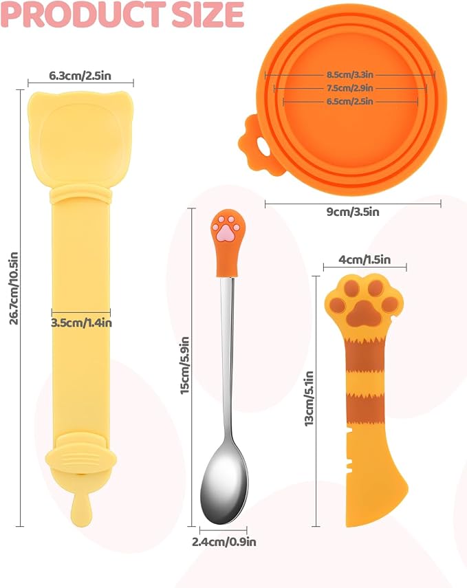 5 PCS Cat Food Can Covers Lids Set, Silicone Pet Food Can Lids with Multi-Function Cat Food Spoon and Opener, Cat Bar Squeezer, Stainless Steel Wet Food Spoon for Cats and Dogs (Pink) (Orange)
