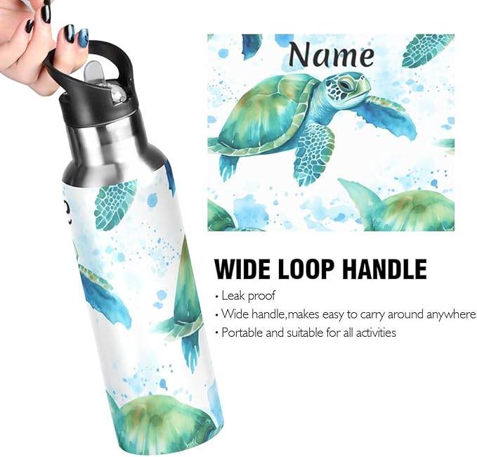 Custom Name Sea Turtles Teal Water Bottle with Straw Lid Kids Insulated Stainless Steel Water Flask Sports, 20 Oz Hot Cold
