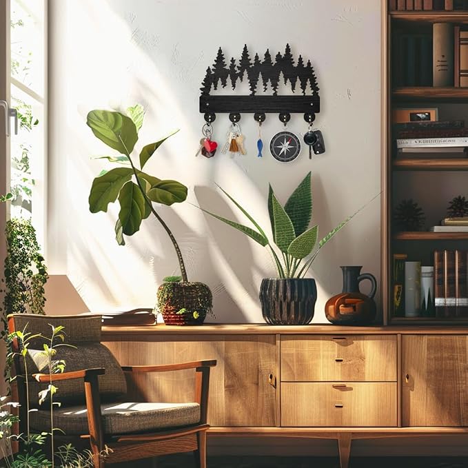 MAYJOYDIY Forest Coat Rack Wall Mount - 11.8x7.9 inch Wood Dense Forest Tree Wall Art Decor Key Holder 5 Alloy Hooks Black Hook Rack for Entryway, Living Room, Bedroom - Gift